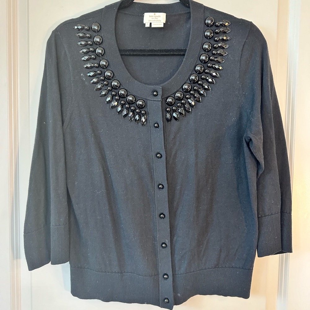 Kate Spade Original Tula Black Black Beaded Embellish Cotton Cardigan Sweater, L